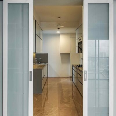 Back Painted Toughened Glass On Profile Combination With Light Beige And White With Black Profile Handle