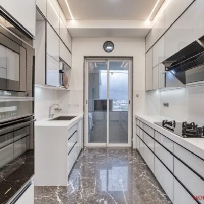 Dark Gray Flooring With White Combination Modular Kitchne