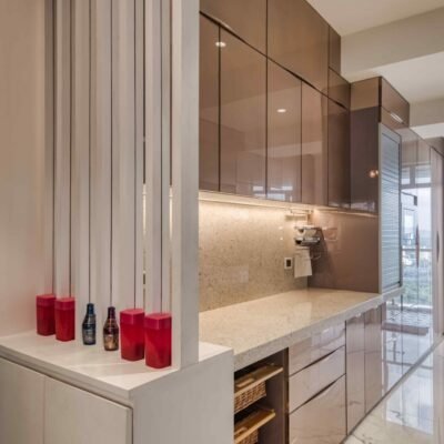 Service Platform With Beige Color Glass Finish With Rose Gold Pull Grip Handle