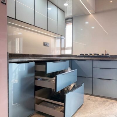 U shaped modular kitchen by kk modular kitchen at borivali west interiors with telescopic synchronized sliding door system