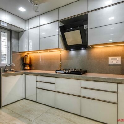 White Kitchen With Gray Dotted Quartz