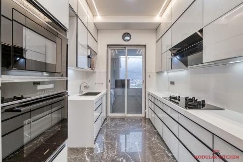 Dark Gray Flooring With White Combination Modular Kitchne
